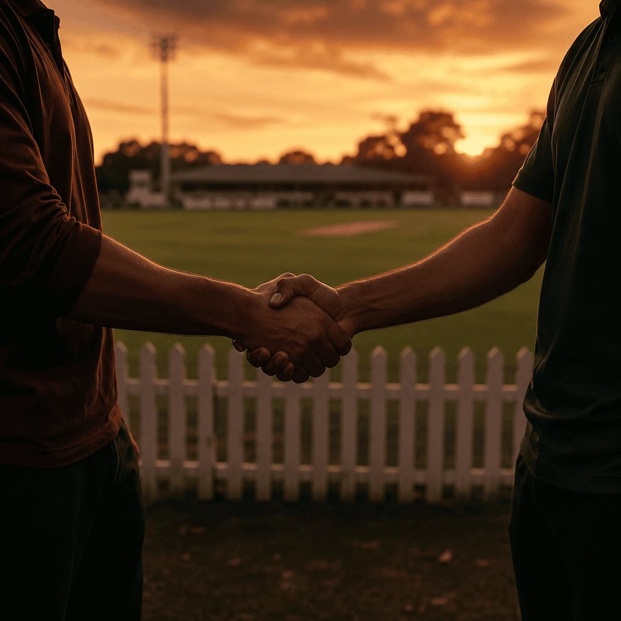 Two club members shaking hands at the boundary fence, Fehlberg Park at dusk